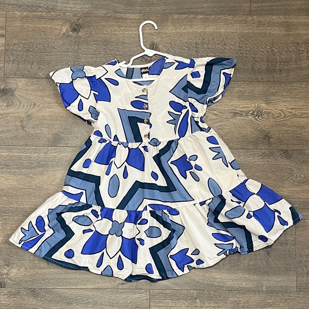 Tea Collection Blue and White Floral Tiered Kids Dress